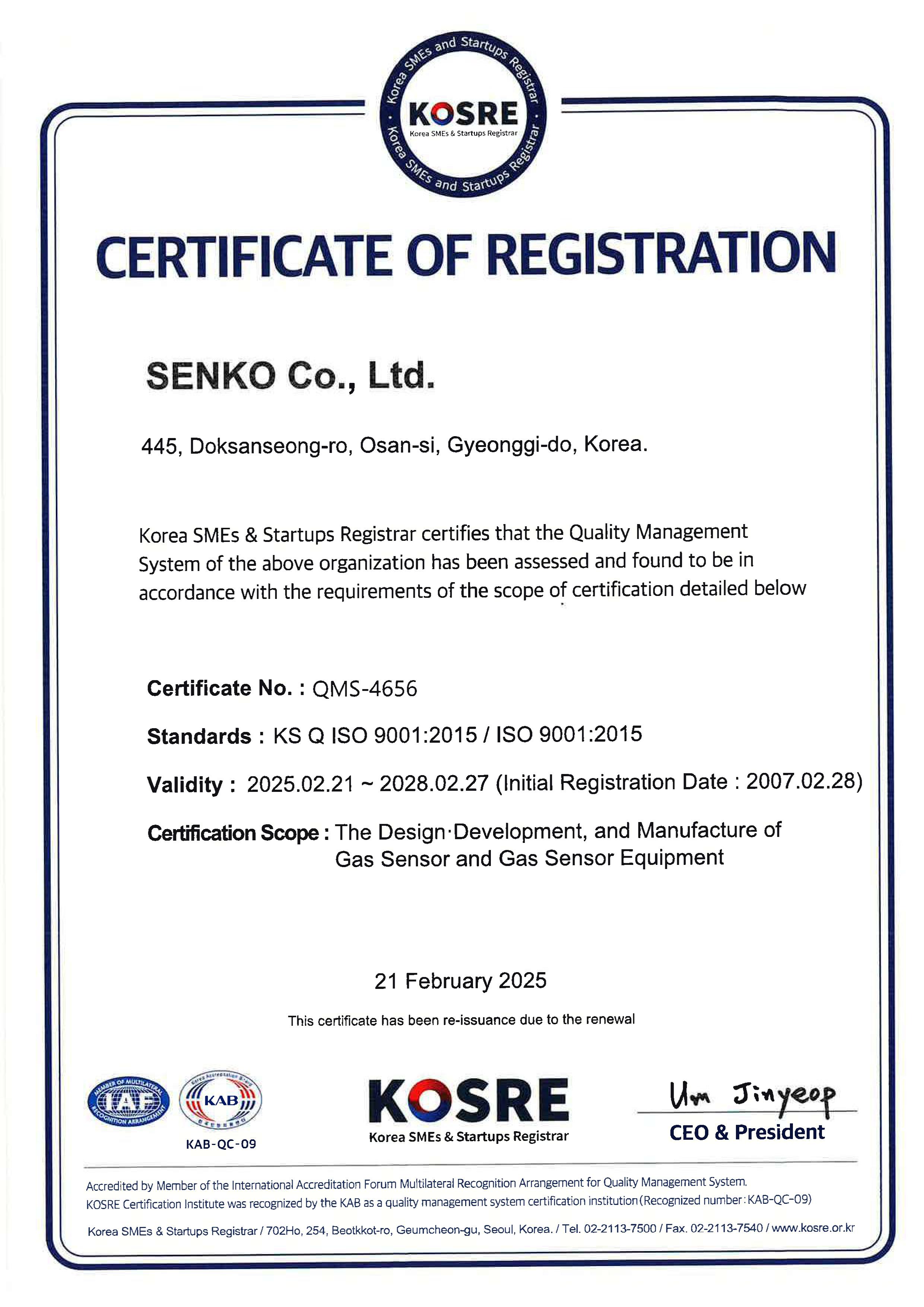 Chứng nhận ISO9001 Senko Hàn Quốc