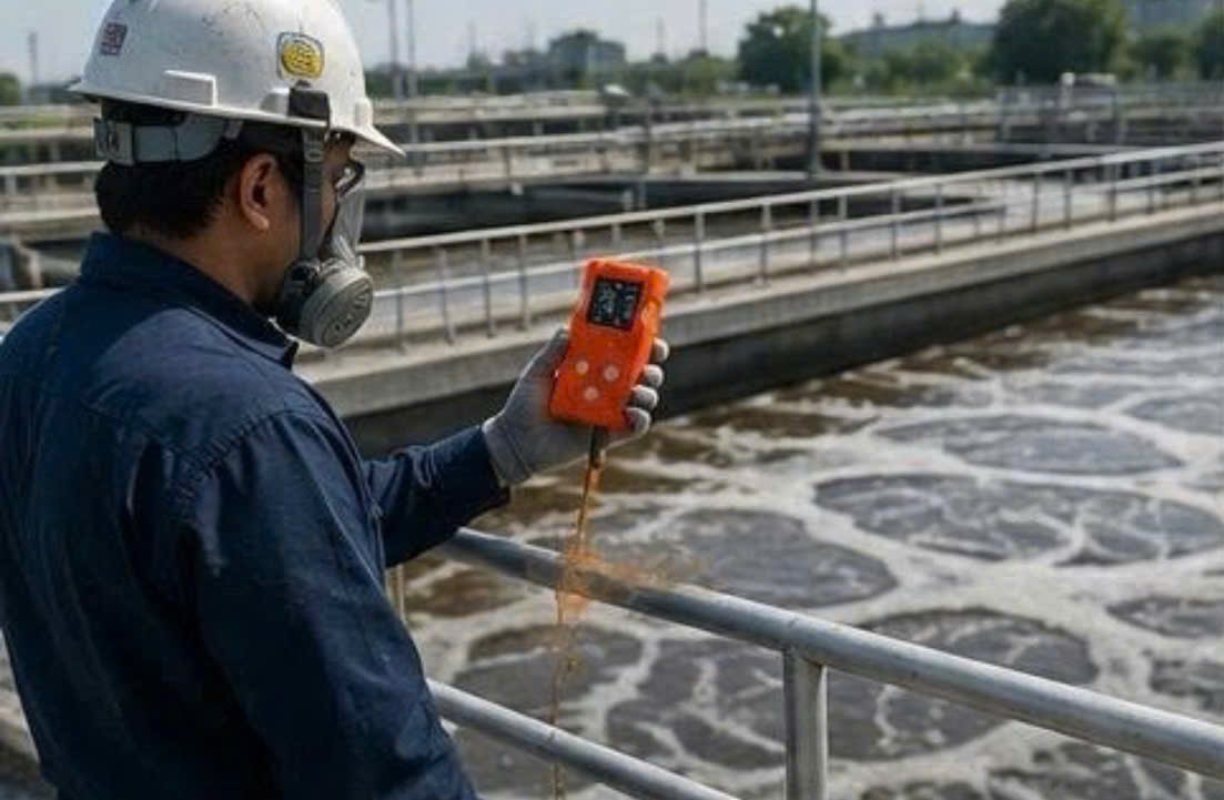 Máy đo đa khí cầm tay trong nhà máy xử lý nước thải.